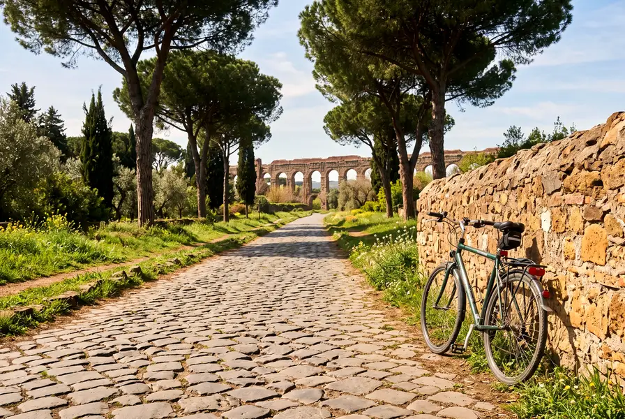 The ancient Appian Way with basalt cobbles, umbrella pines and aqueduct arches in the distance
