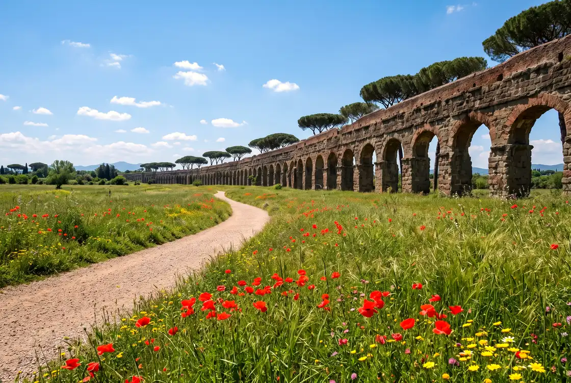 Spring poppies and green grass at the Aqueduct Park with a gravel cycle path