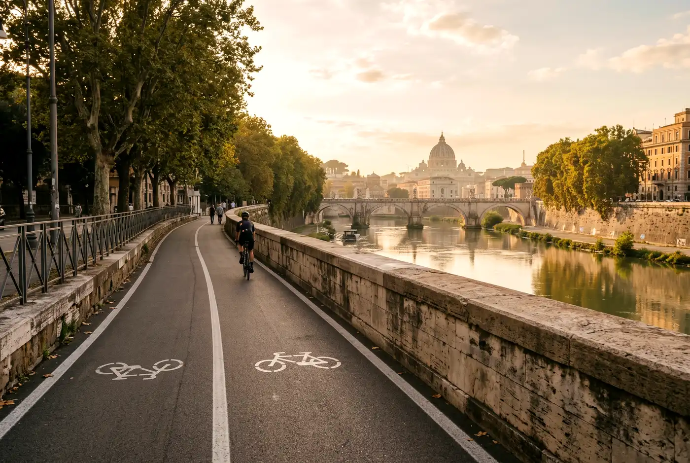 Tiber riverside cycle path with St. Peter's dome in the distance at golden hour