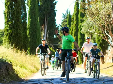 Riders on e-bikes in open countryside on the Appian Way with umbrella pines